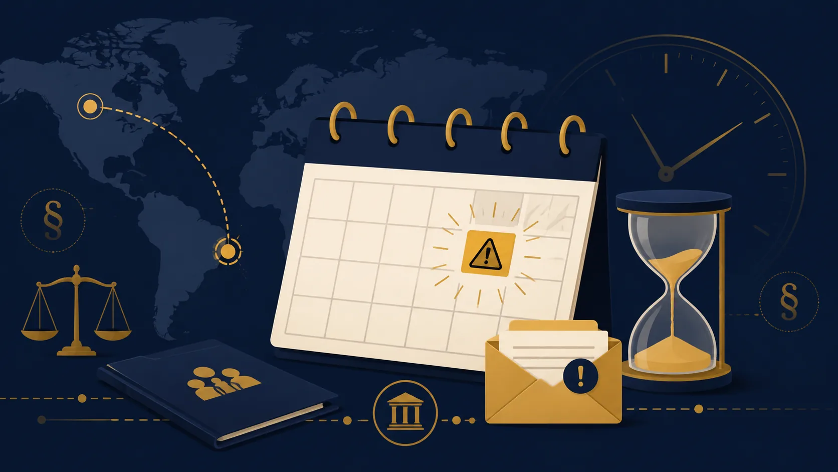 Ilustração de calendário com alerta, ampulheta, relógio e correspondência não aberta sobre o mapa das Américas — prazos do inventário para o herdeiro brasileiro nos EUA