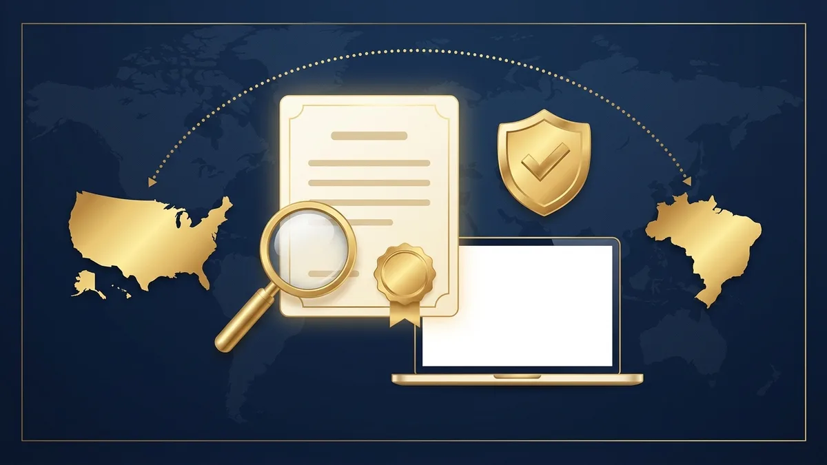 Certidão com selo, lupa, escudo com check e notebook entre os mapas dos EUA e do Brasil, tema antecedentes criminais