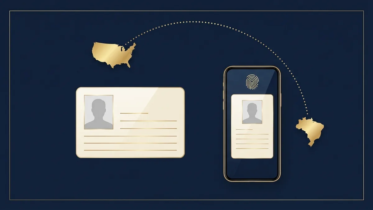 Cartão de identidade e celular com a versão digital, ligados por linha pontilhada entre os mapas dos EUA e do Brasil, tema carteira de identidade nacional